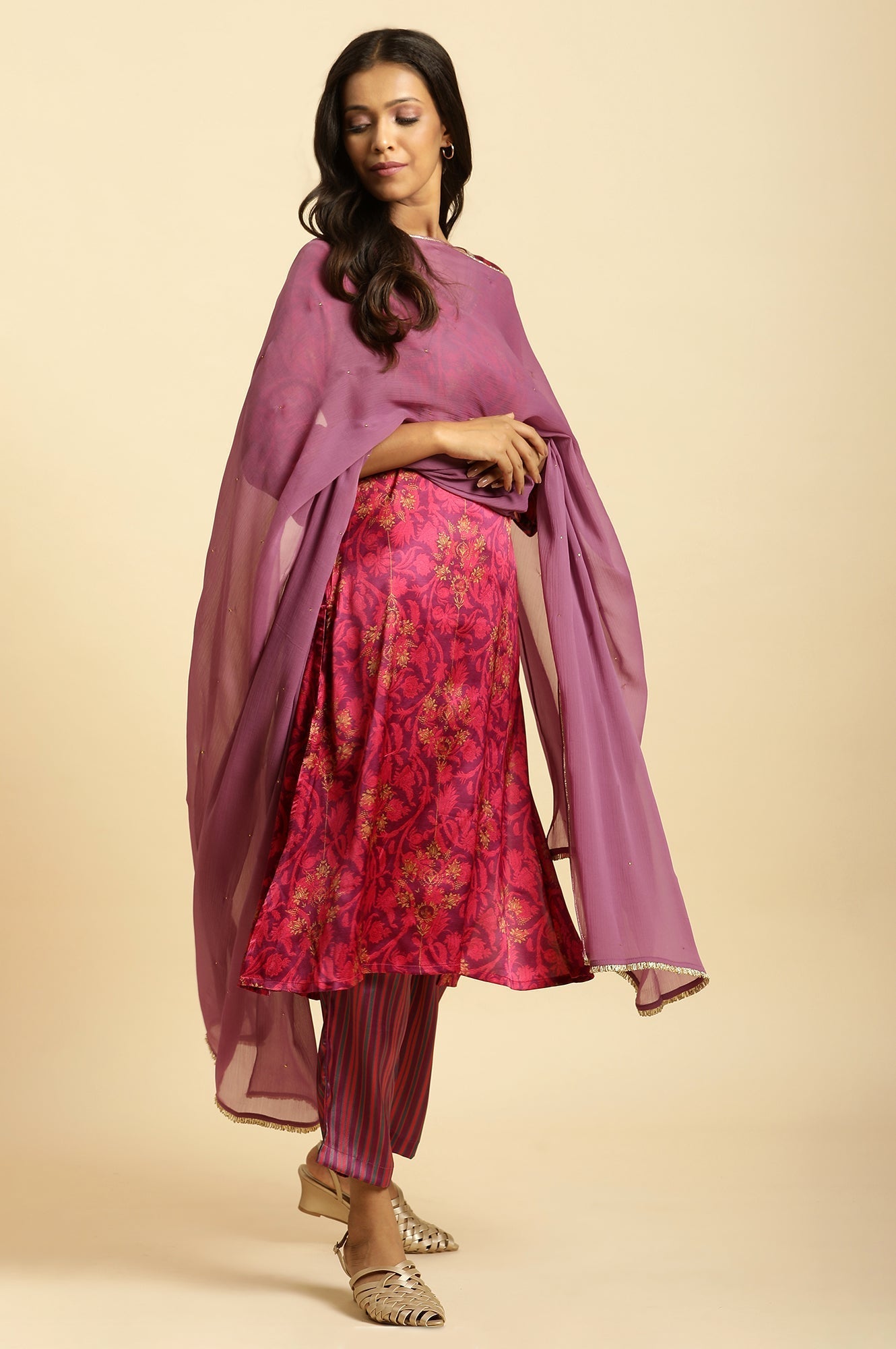 W for Woman Purple Chiffon Dupatta with Gota Border