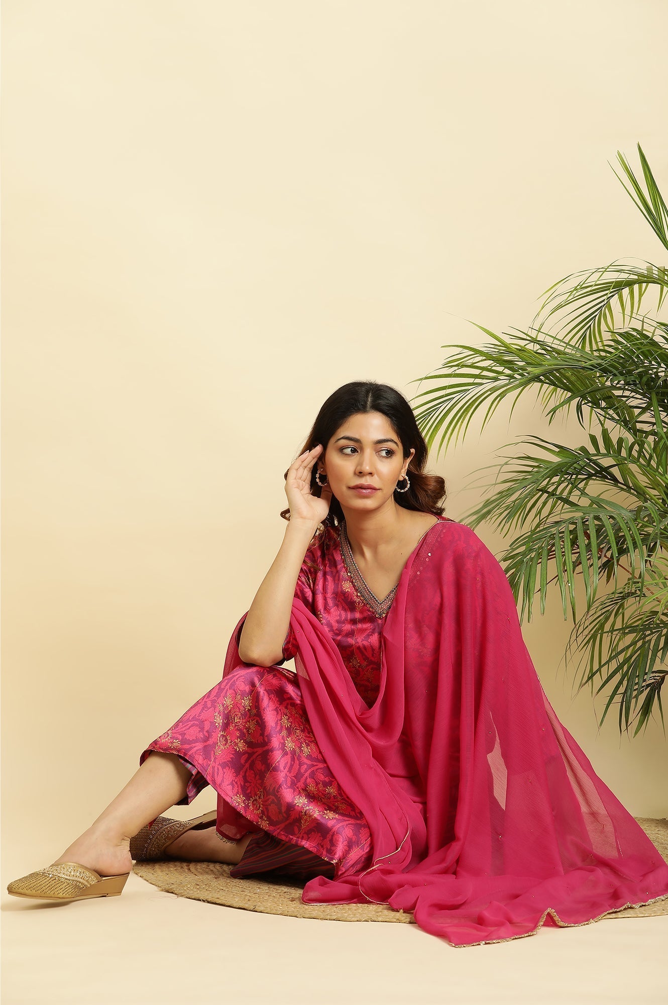 W for Woman Dark Pink Chiffon Dupatta With Gota Border