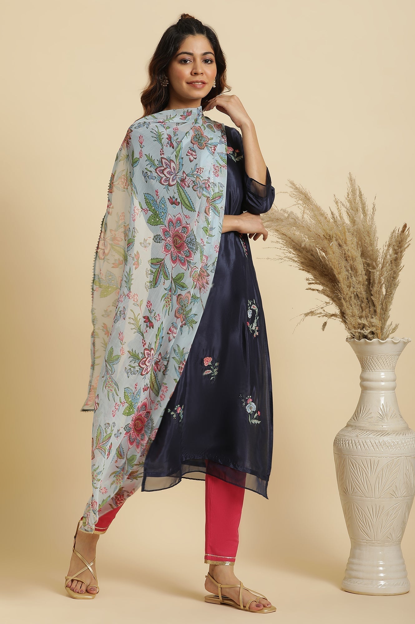 W for Woman Blue Floral Printed Chiffon Dupatta