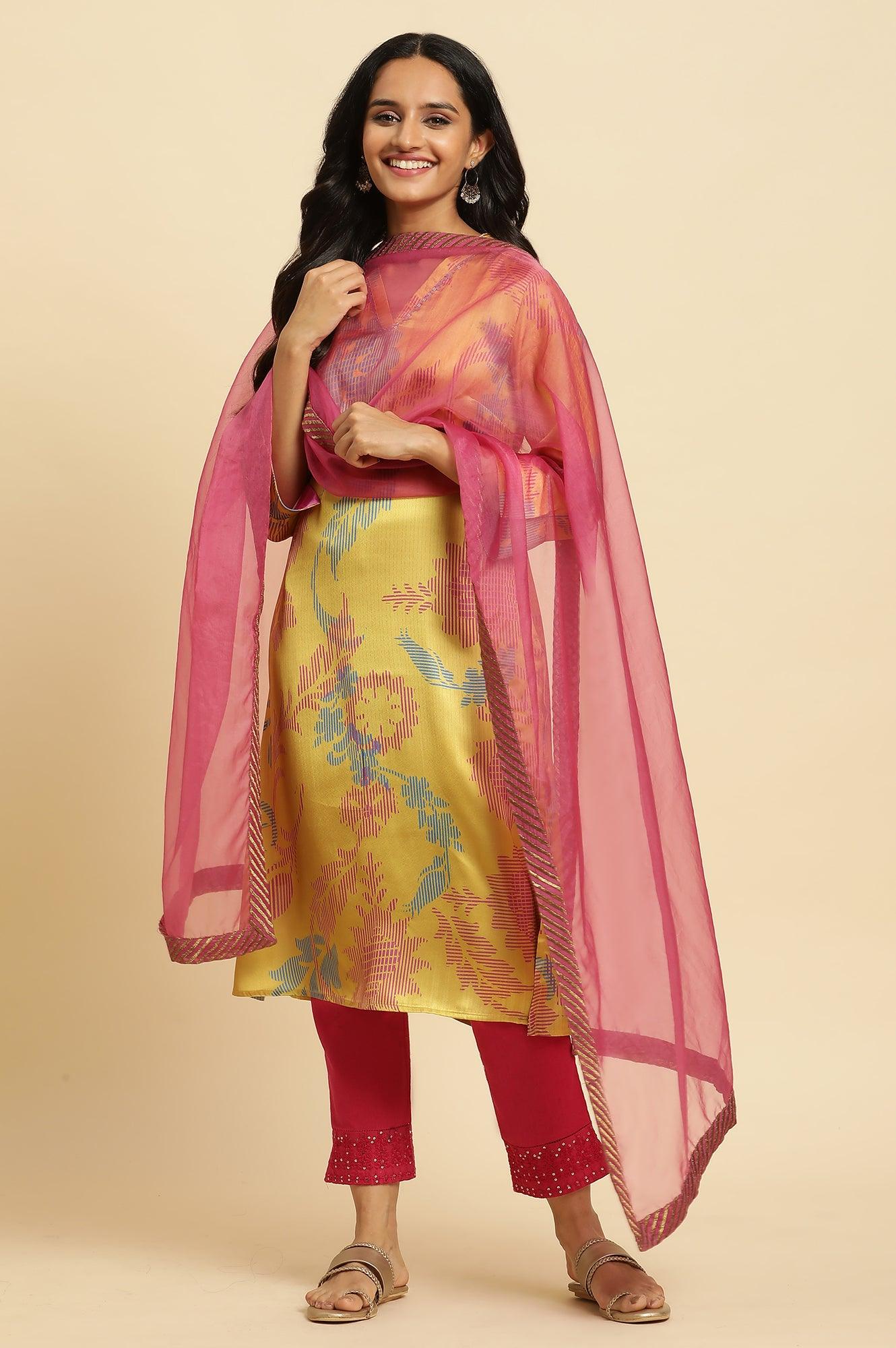 W for Woman Pink Organza Dupatta With Zari Border