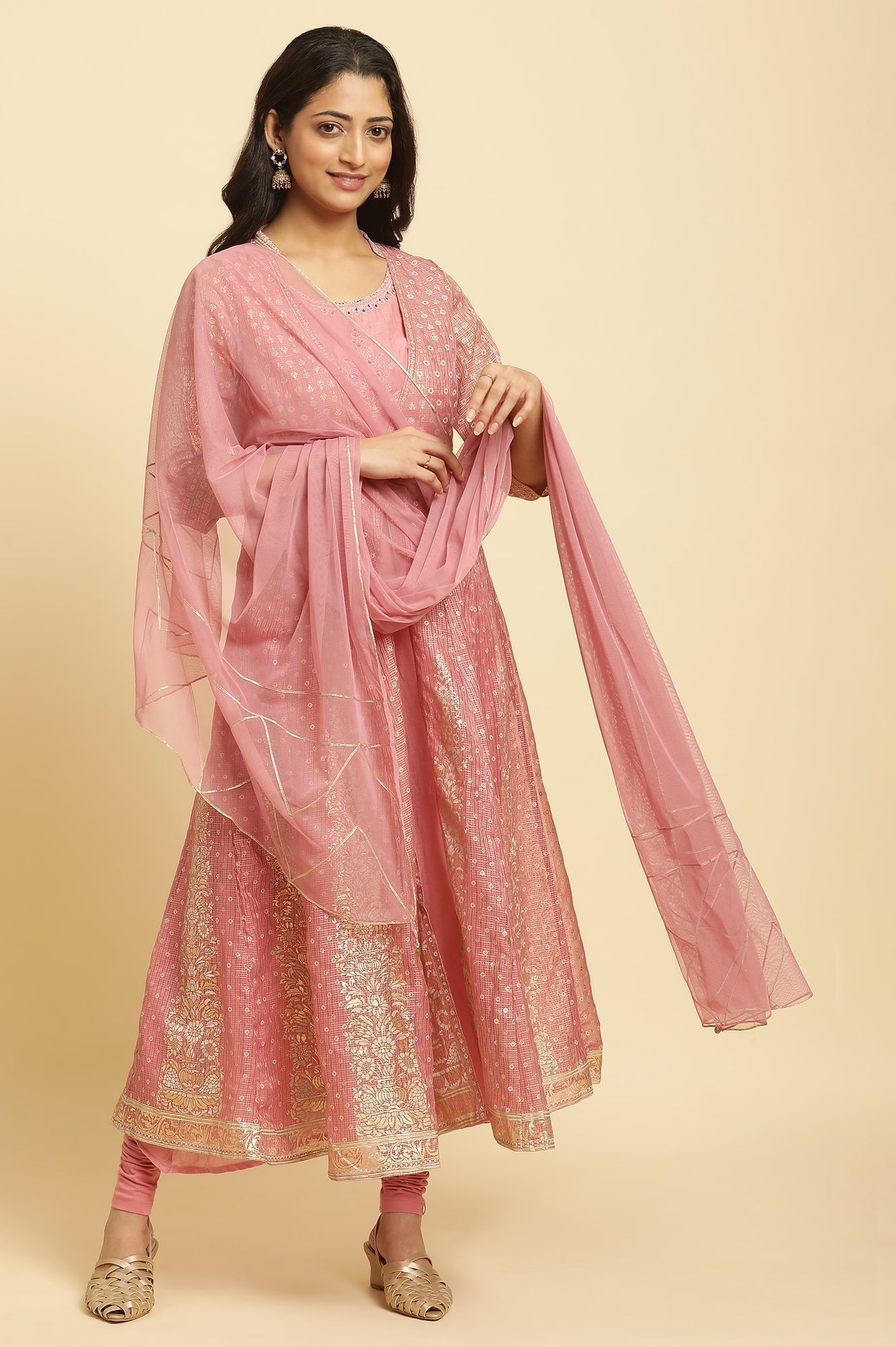 W for Woman Pink Mesh Gota Patti Dupatta
