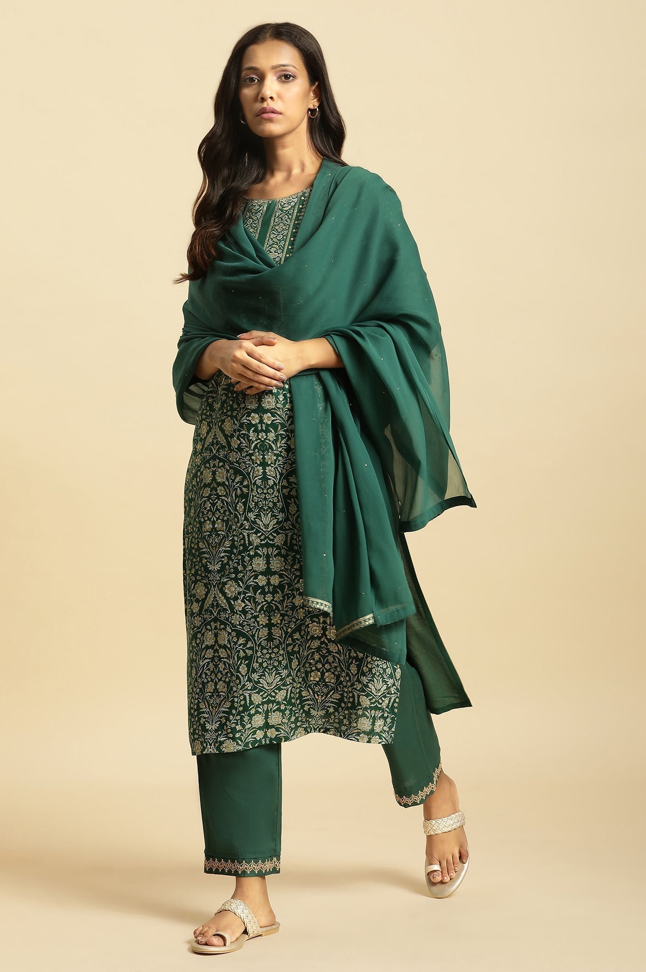 W for Woman Green Mukesh Chiffon Dupatta with Prince Lace Border