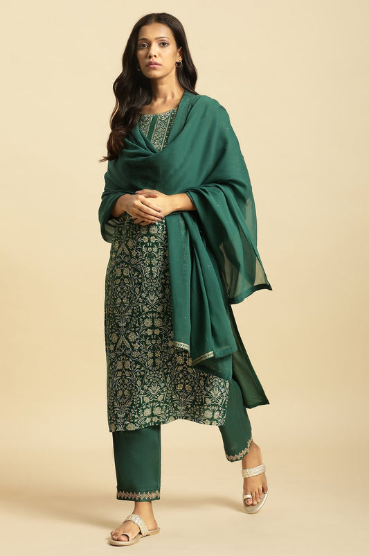 W for Woman Green Mukesh Chiffon Dupatta with Prince Lace Border