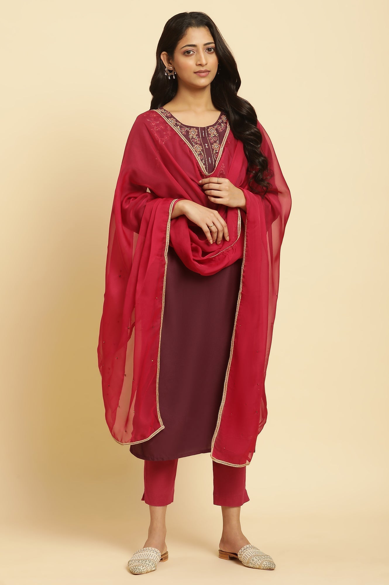 W for Woman Maroon Chiffon Embellished Festive Dupatta