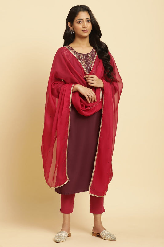 W for Woman Maroon Chiffon Embellished Festive Dupatta