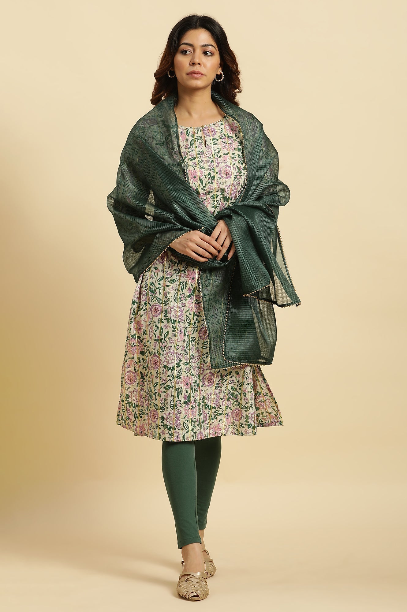 W for Woman Dark Green Kota Dupatta With Gota Border