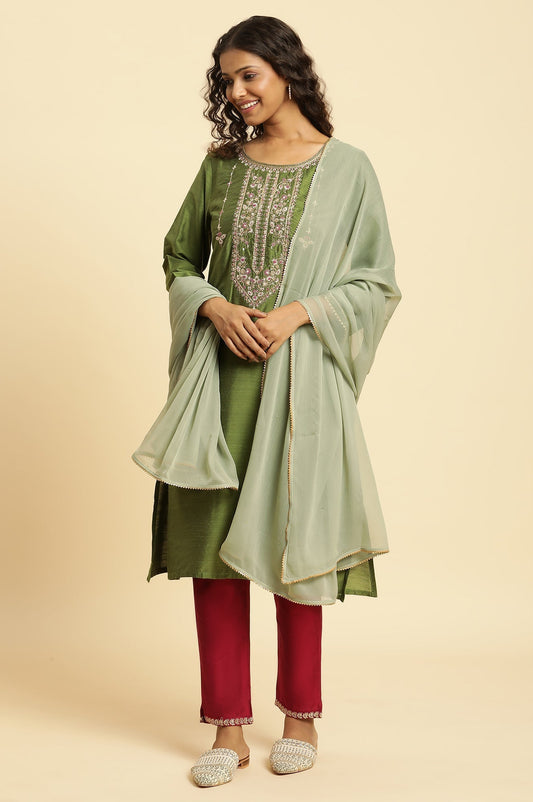 W for Woman Green Solid Chiffon Dupatta With Gotta Border