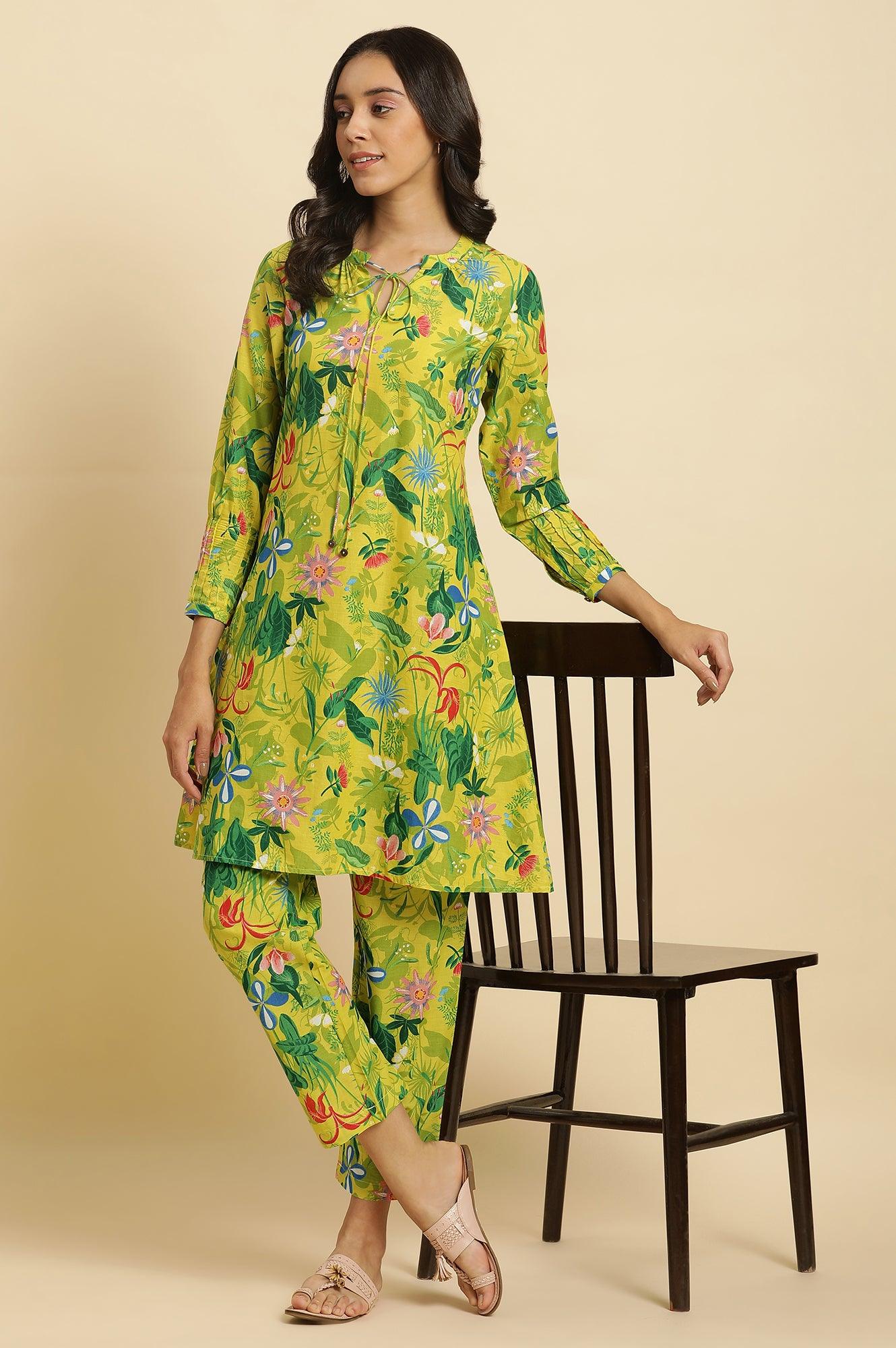 W for Woman Green Floral Printed A-Line Kurta & Pants Co-Ord Set