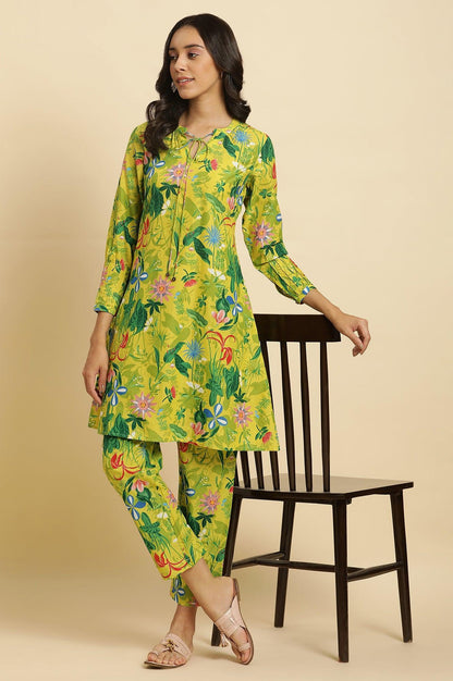 W for Woman Green Floral Printed A-Line Kurta & Pants Co-Ord Set