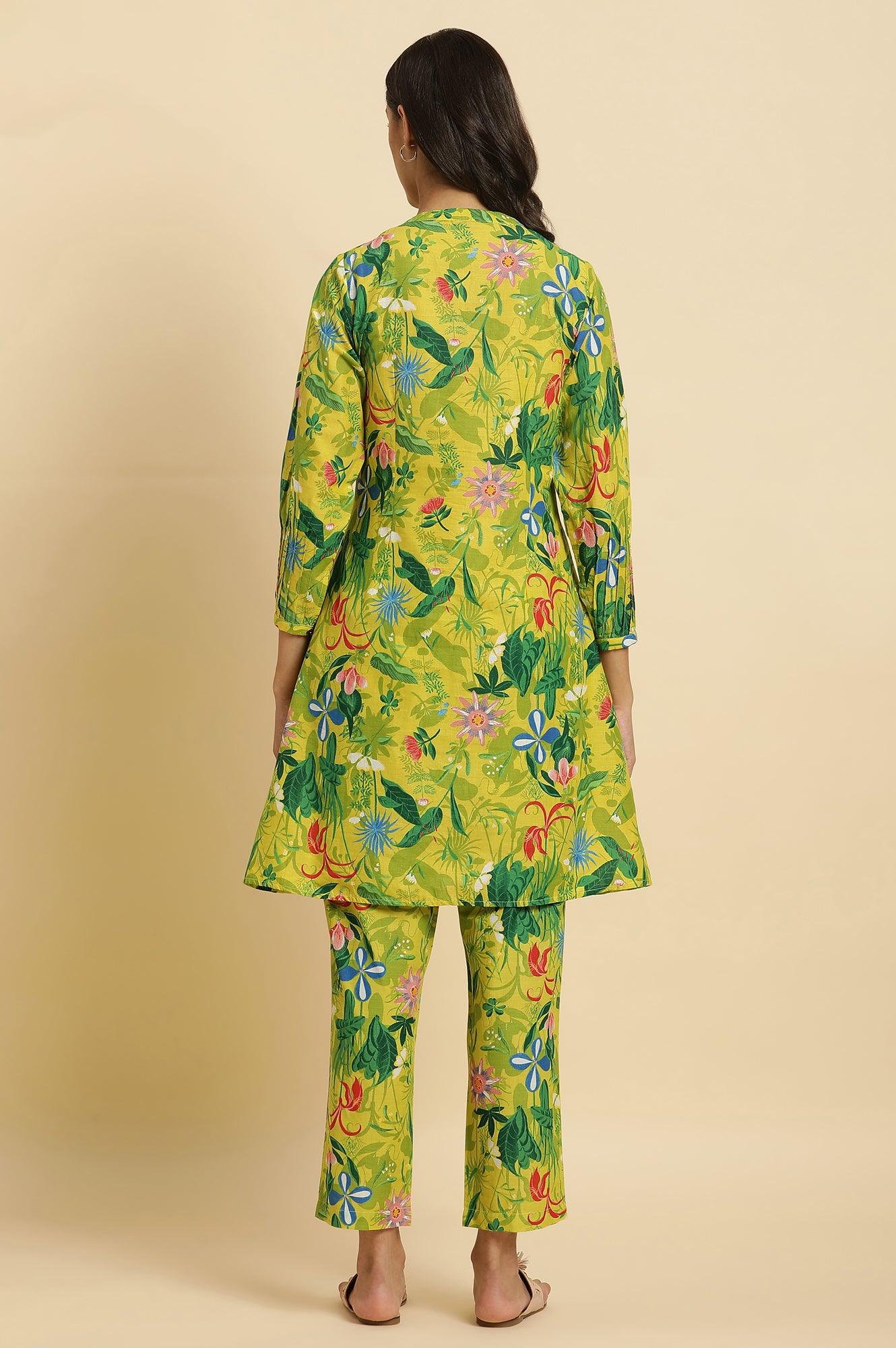 W for Woman Green Floral Printed A-Line Kurta & Pants Co-Ord Set