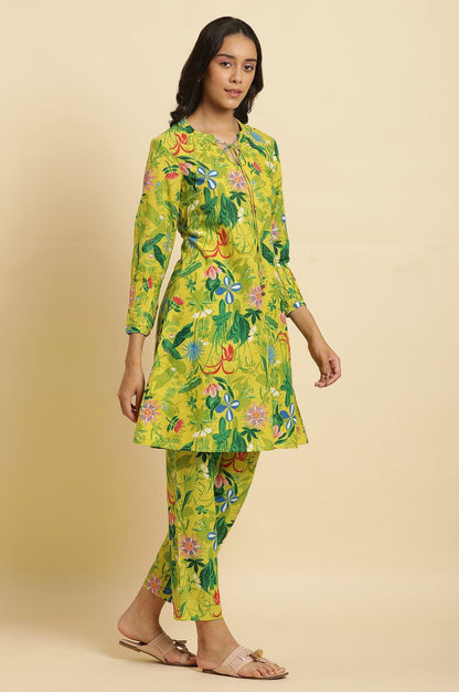 W for Woman Green Floral Printed A-Line Kurta & Pants Co-Ord Set