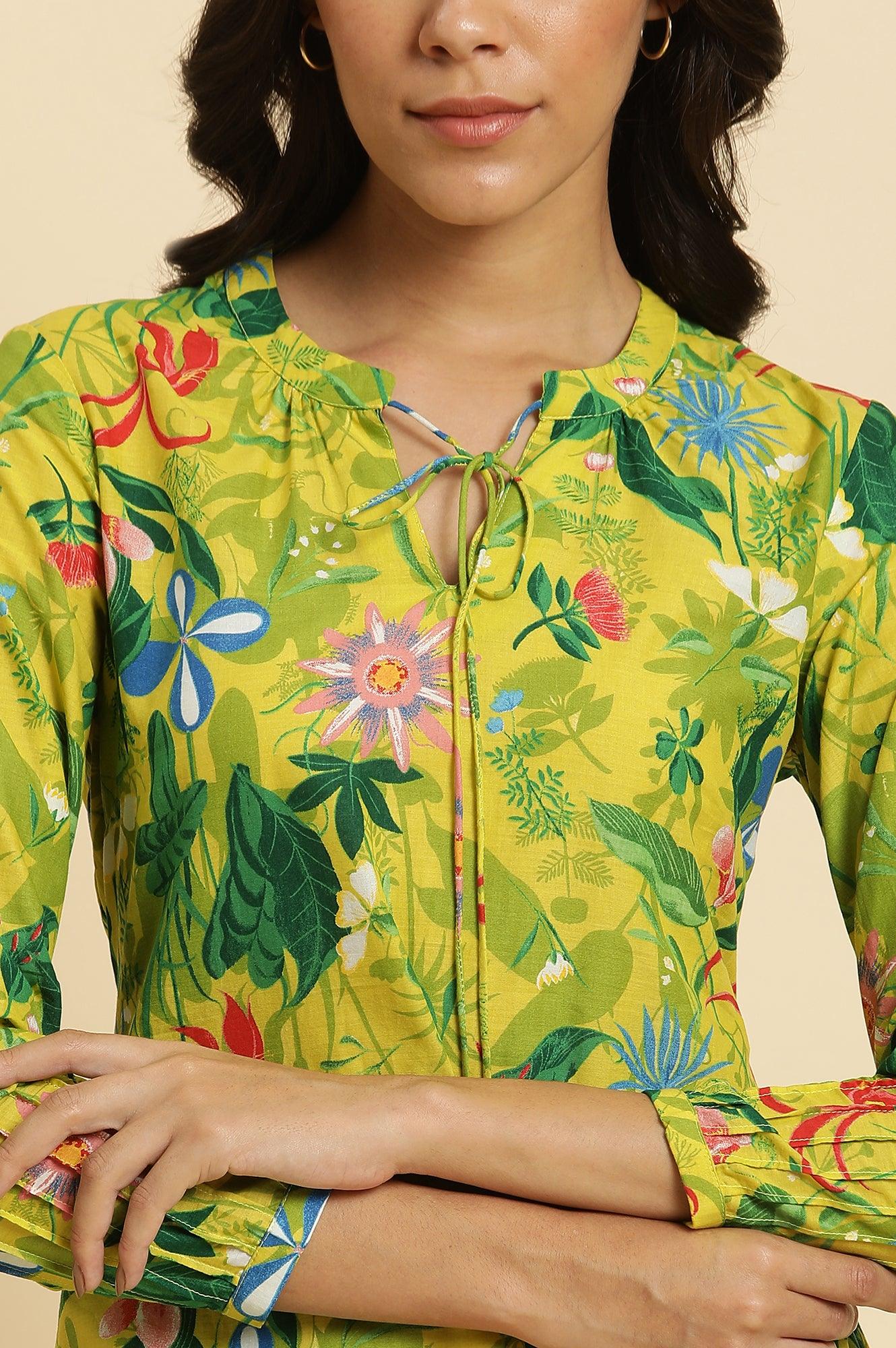 W for Woman Green Floral Printed A-Line Kurta & Pants Co-Ord Set