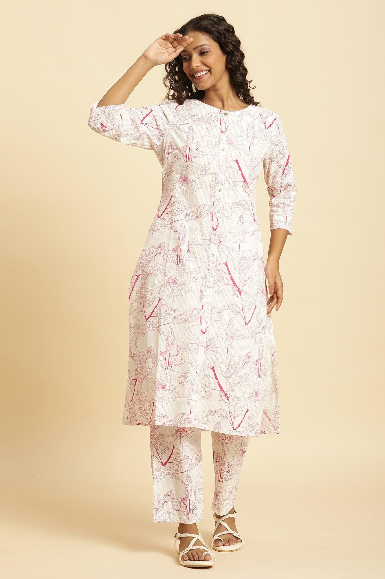 W for Woman White Floral Printed Kurta And Pants Co-Ord Set