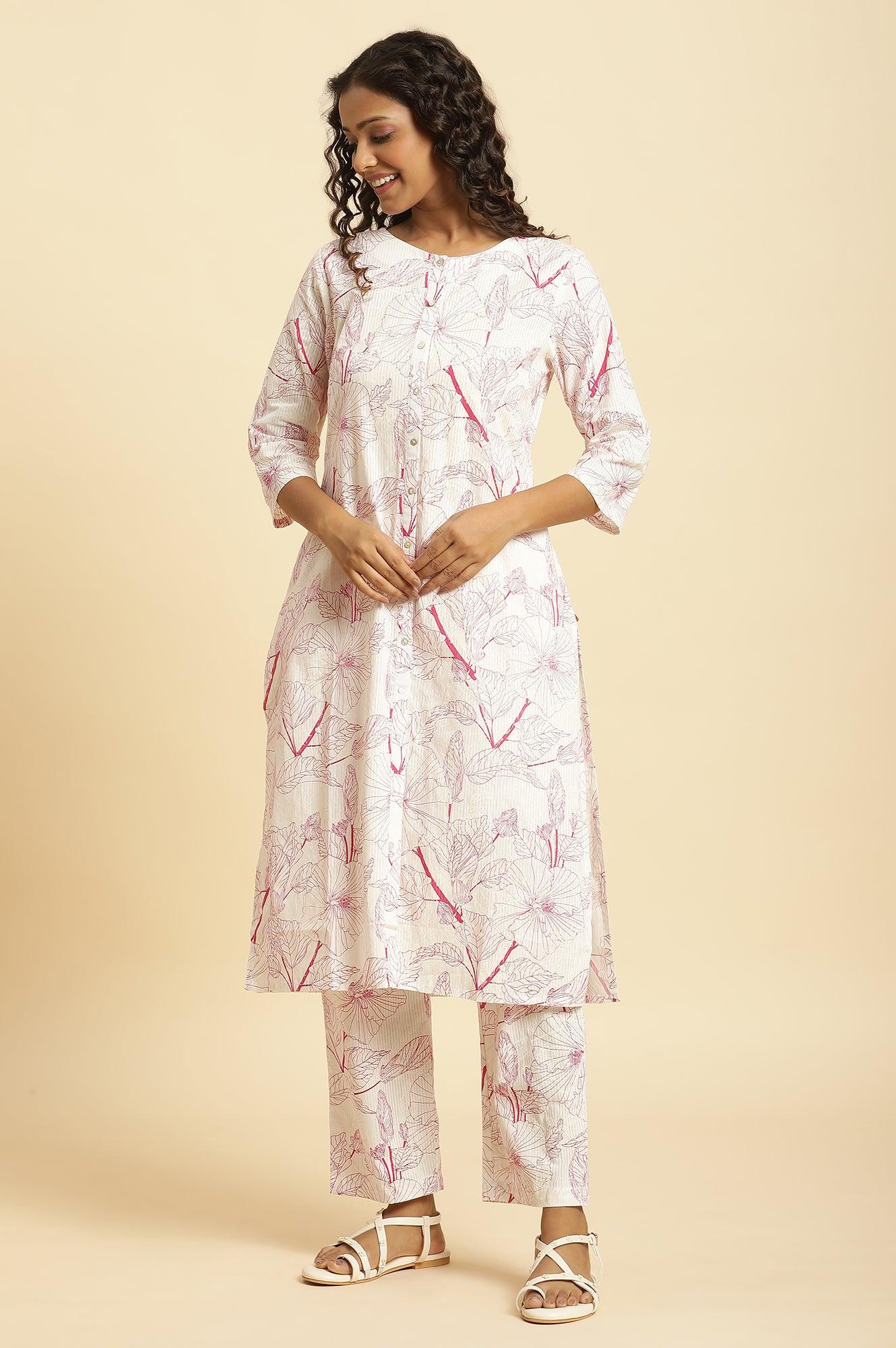 W for Woman White Floral Printed Kurta And Pants Co-Ord Set