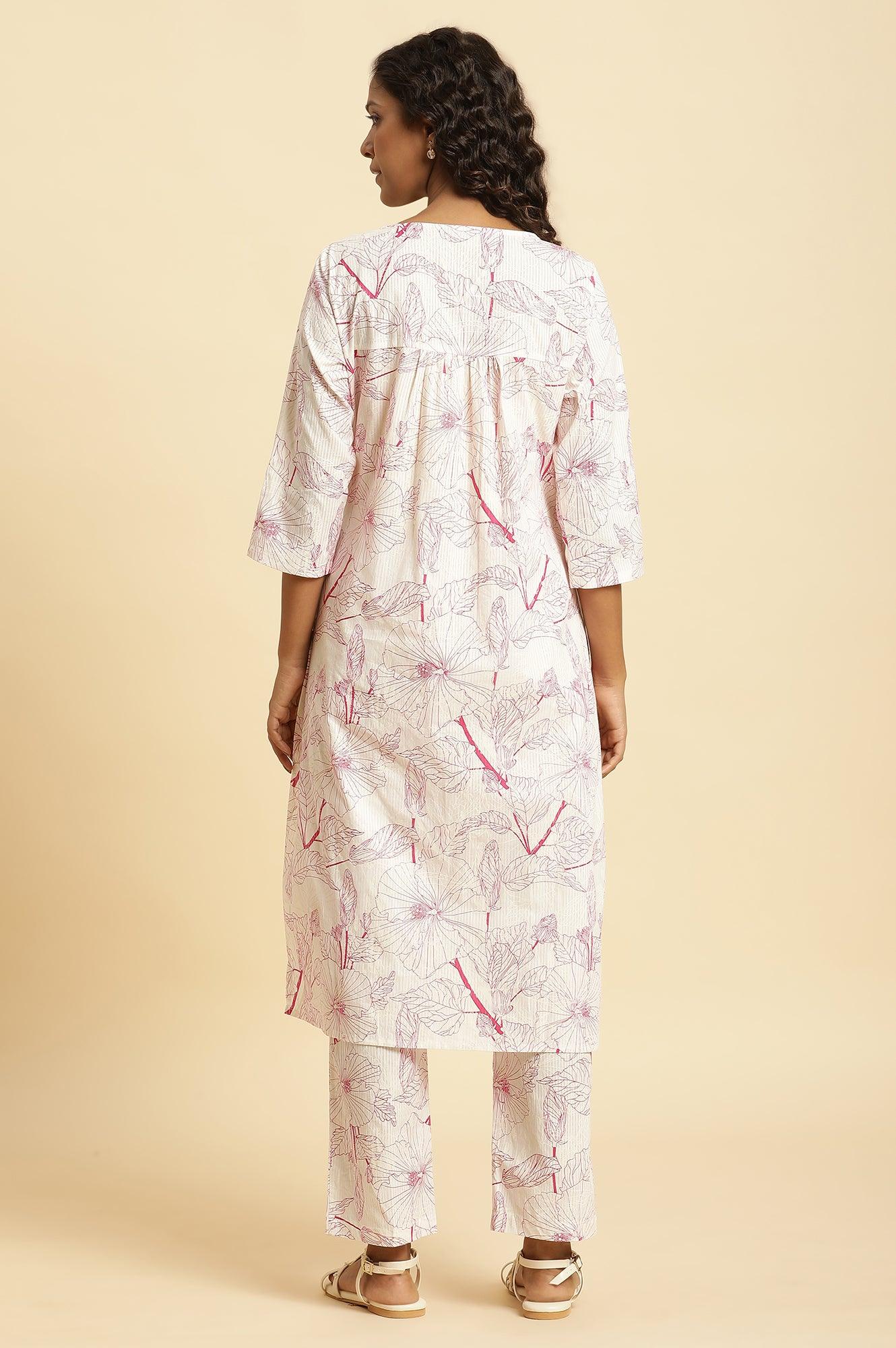 W for Woman White Floral Printed Kurta And Pants Co-Ord Set