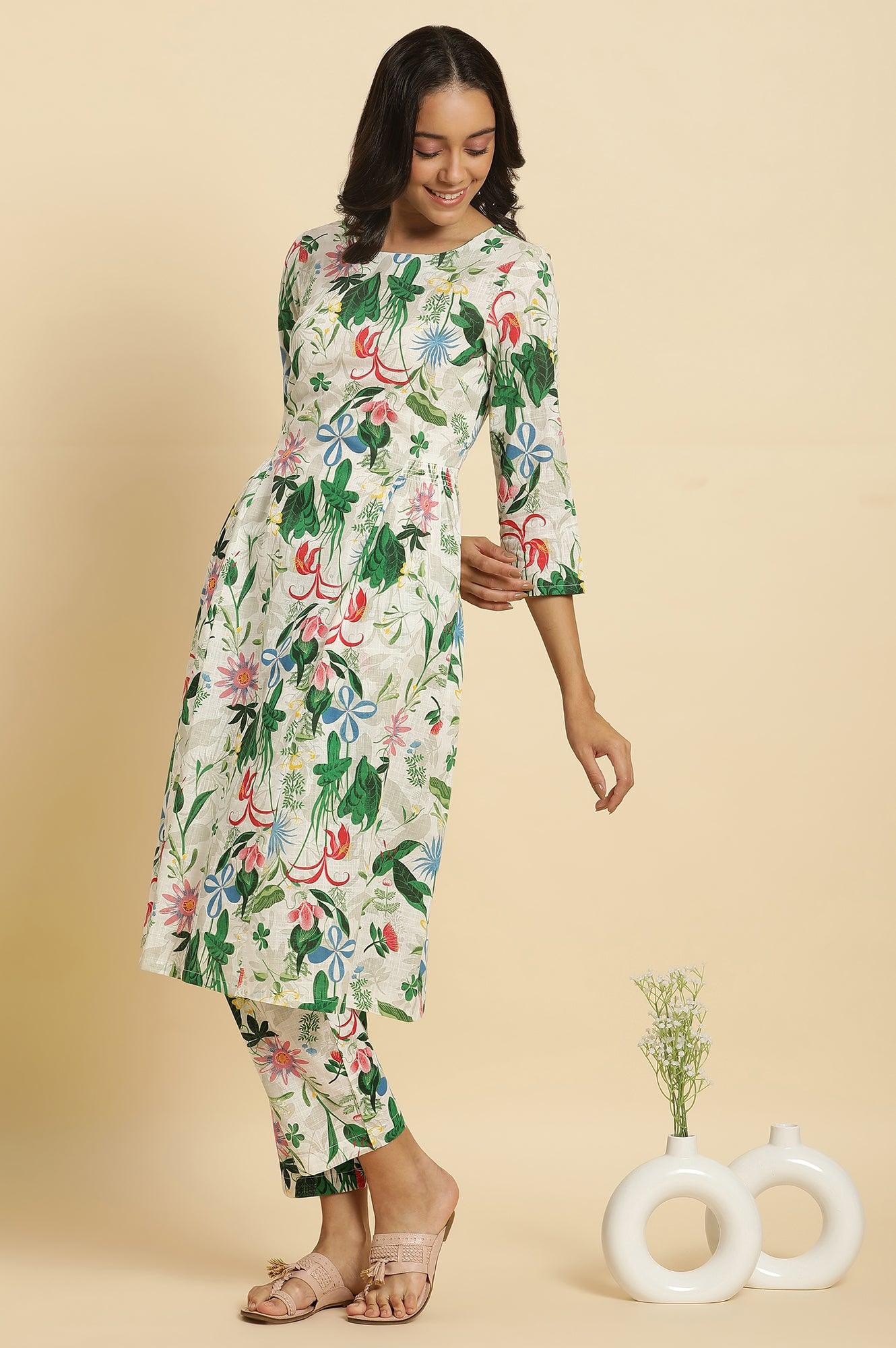 W for Woman White Floral Printed A-Line Kurta And Pants Co-Ord Set