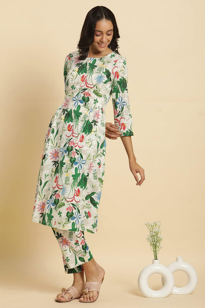 W for Woman White Floral Printed A-Line Kurta And Pants Co-Ord Set