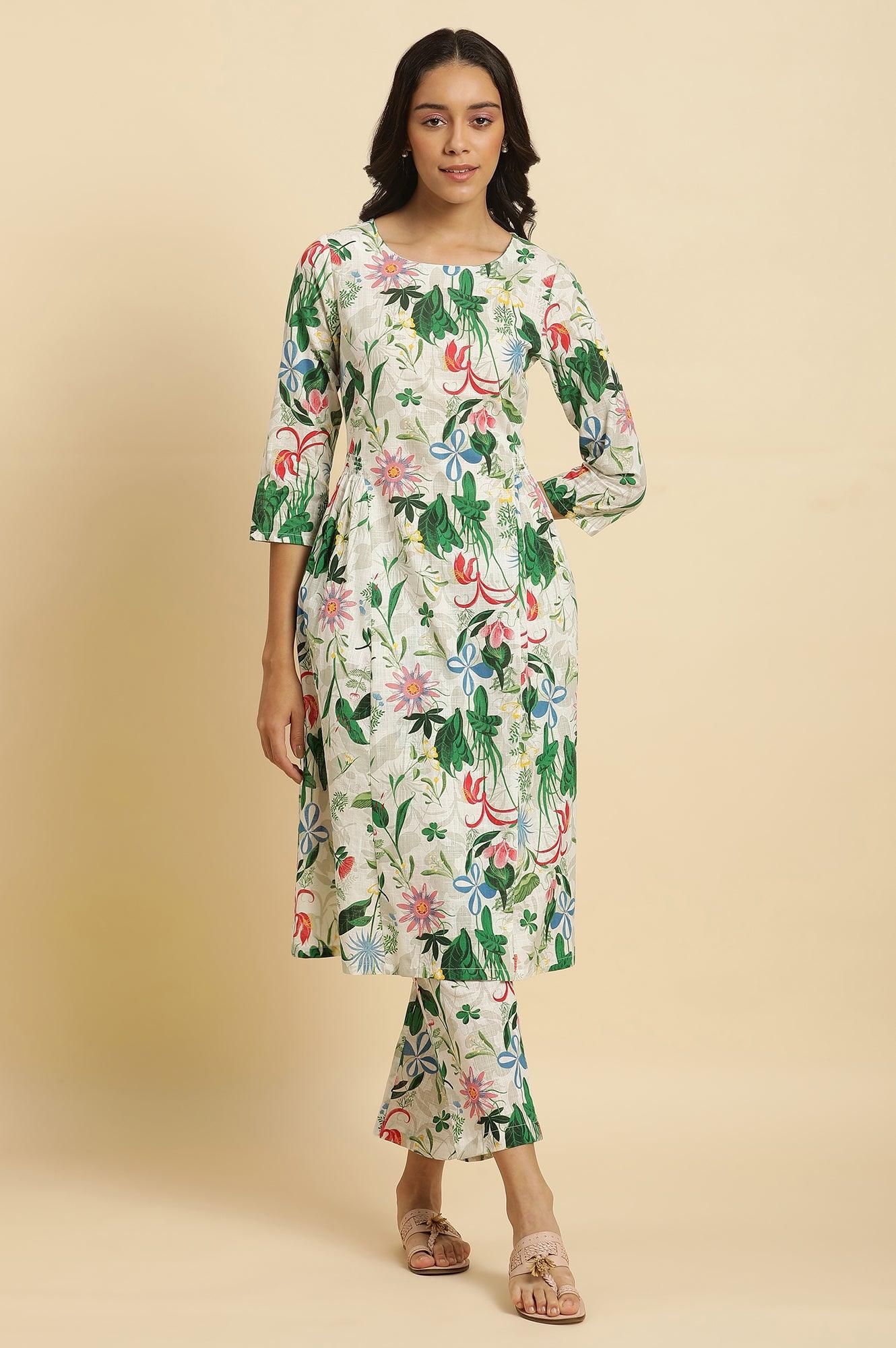 W for Woman White Floral Printed A-Line Kurta And Pants Co-Ord Set
