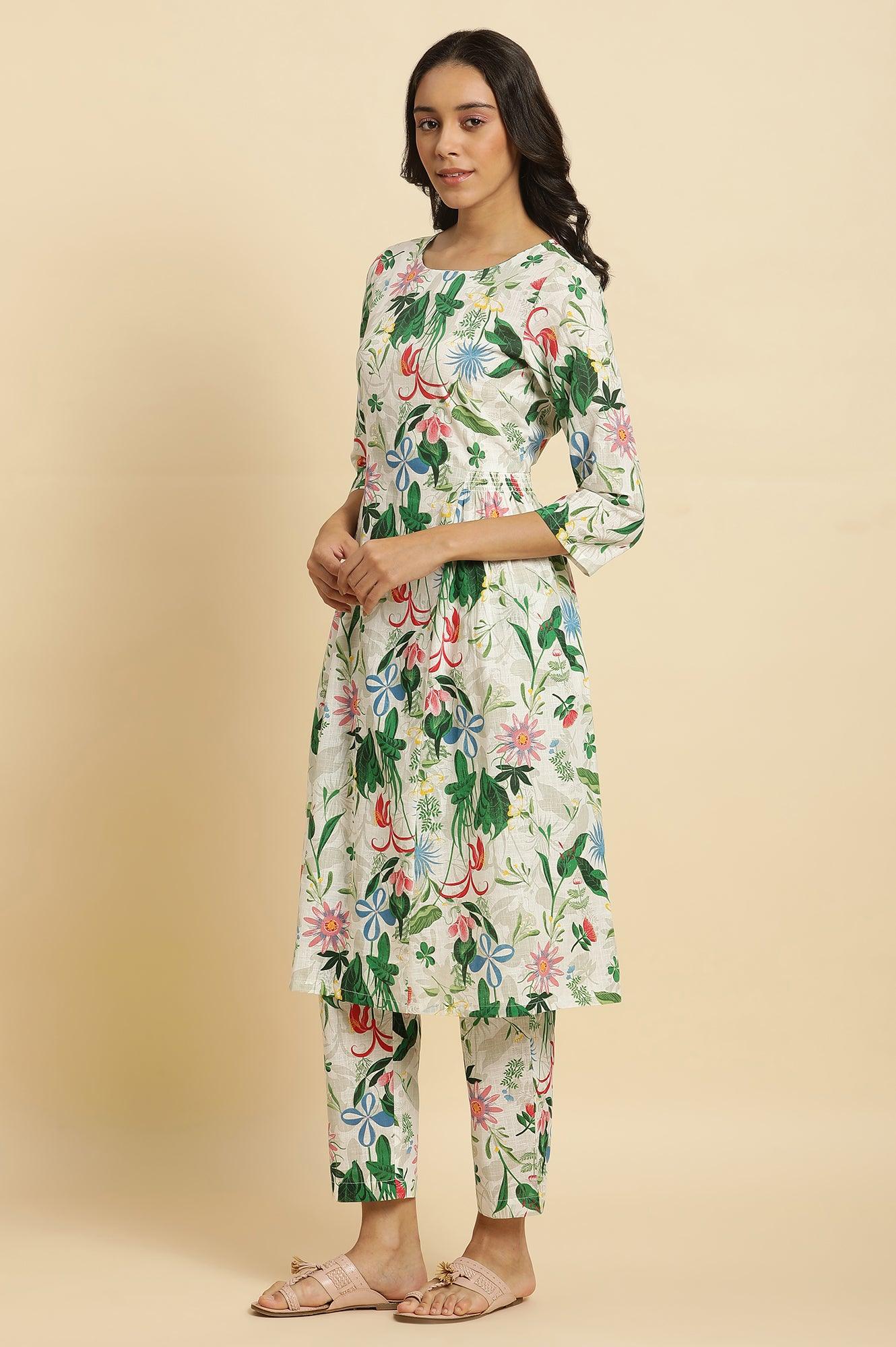 W for Woman White Floral Printed A-Line Kurta And Pants Co-Ord Set