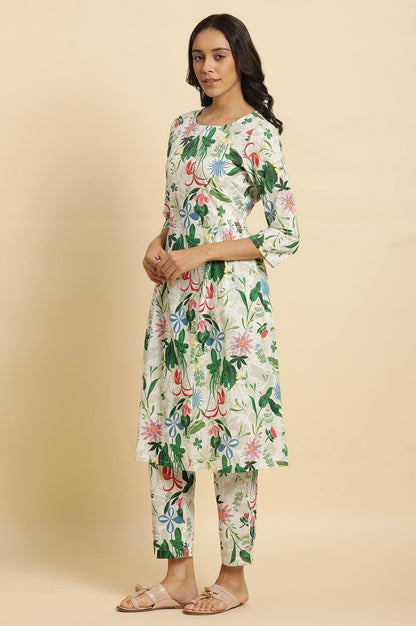 W for Woman White Floral Printed A-Line Kurta And Pants Co-Ord Set