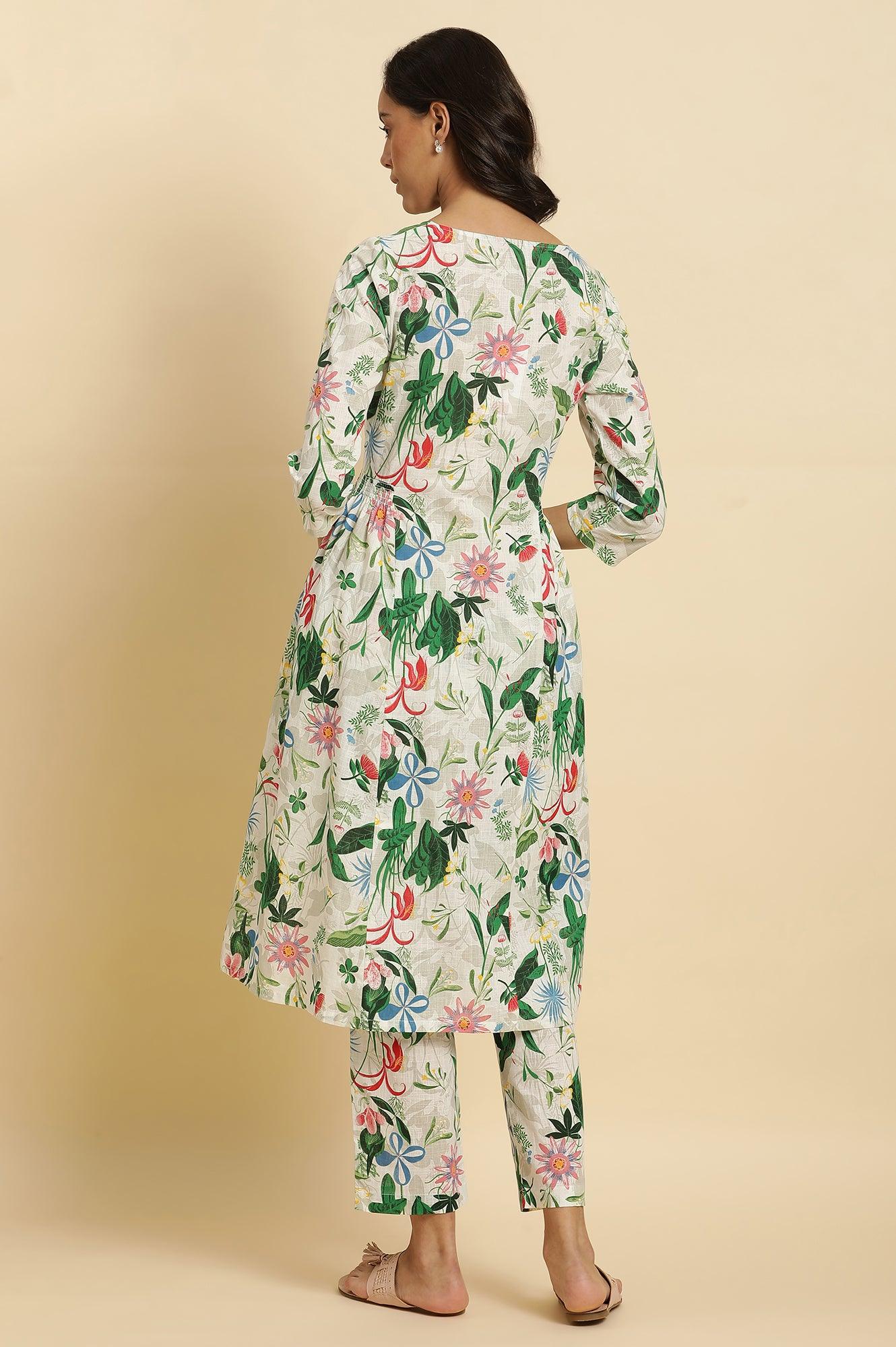 W for Woman White Floral Printed A-Line Kurta And Pants Co-Ord Set