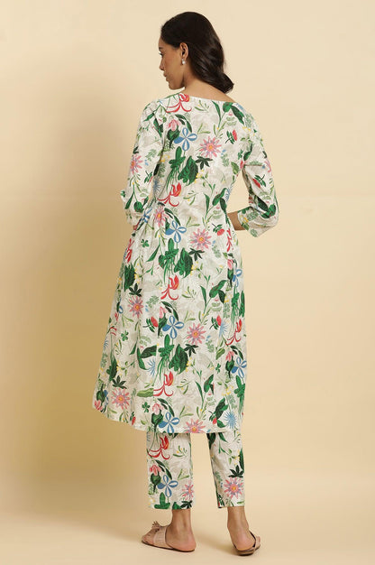 W for Woman White Floral Printed A-Line Kurta And Pants Co-Ord Set