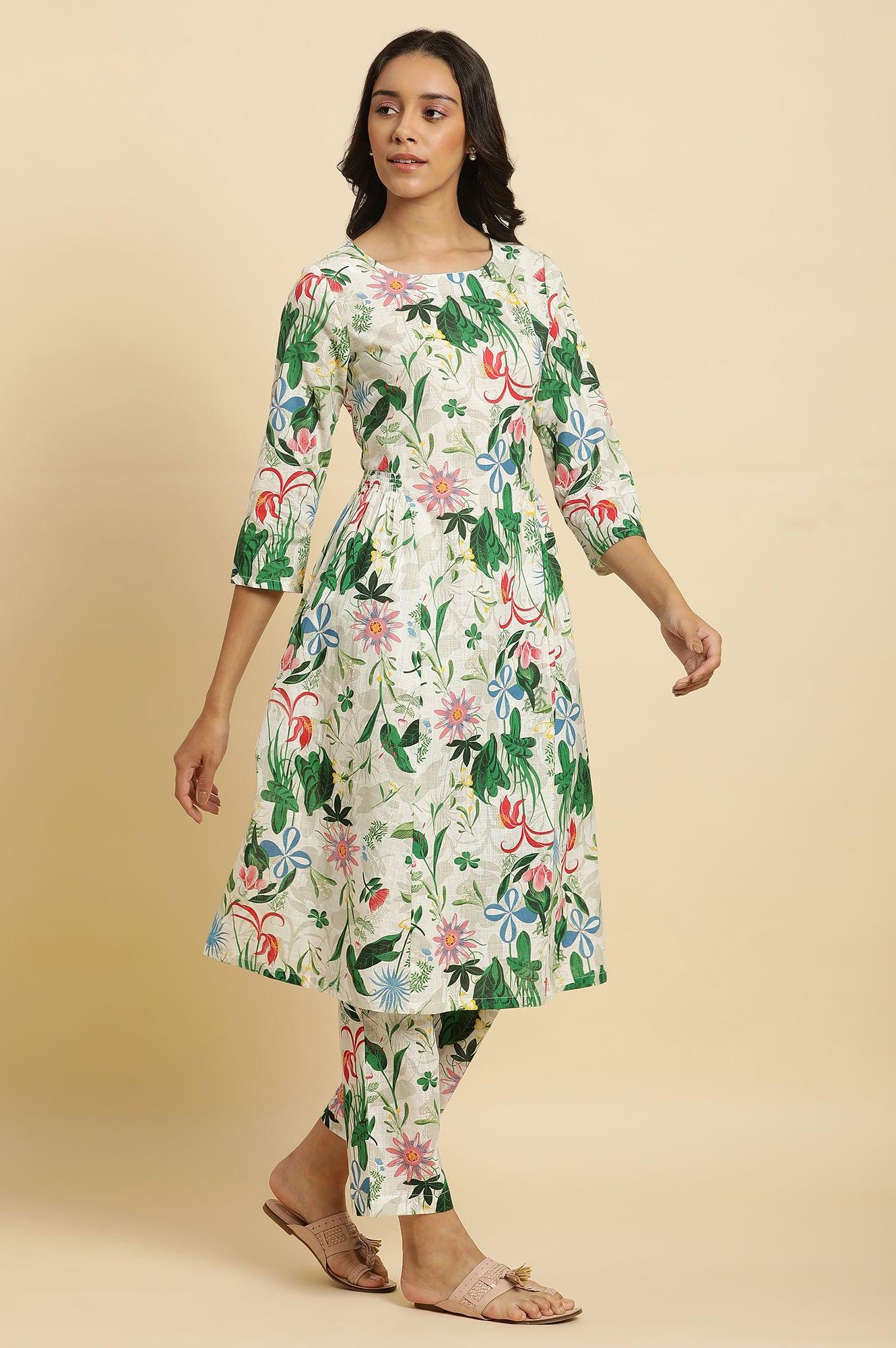 W for Woman White Floral Printed A-Line Kurta And Pants Co-Ord Set