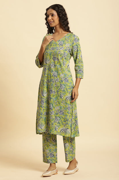 W for Woman Light Green Floral Printed Kurta, Pants And Dupatta Set