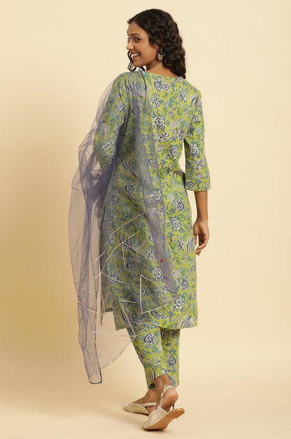 W for Woman Light Green Floral Printed Kurta, Pants And Dupatta Set