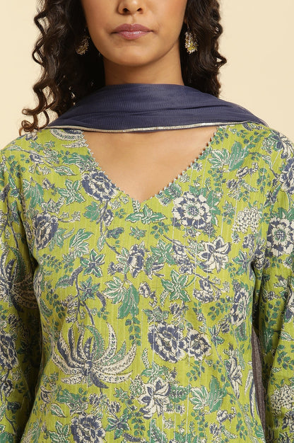 W for Woman Light Green Floral Printed Kurta, Pants And Dupatta Set