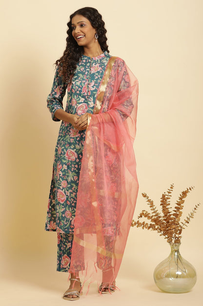 W for Woman Teal Blue Printed Kurta, Bottom And Organza Dupatta Set