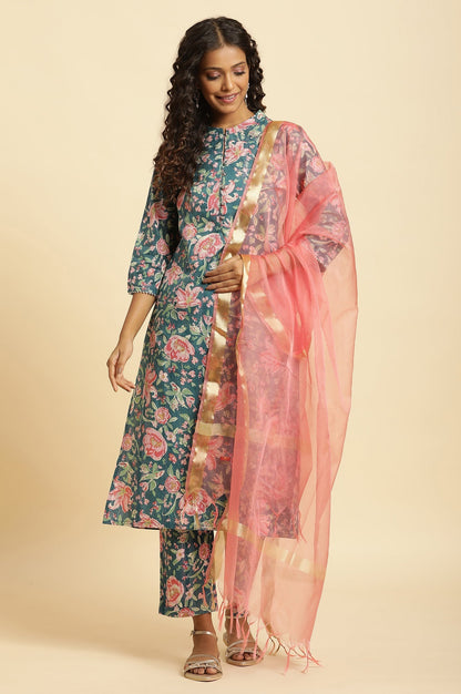 W for Woman Teal Blue Printed Kurta, Bottom And Organza Dupatta Set