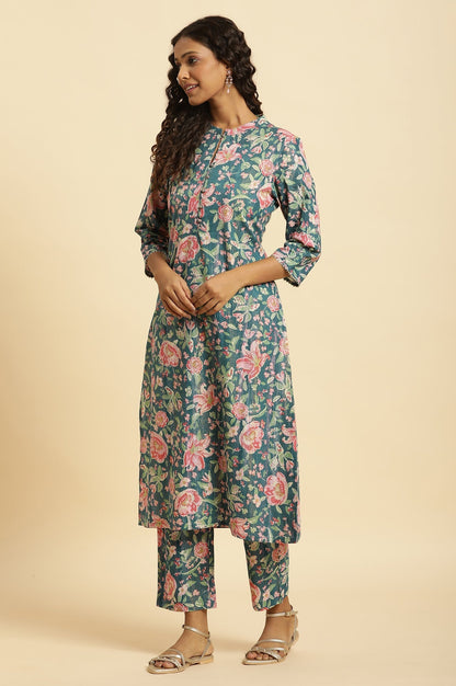 W for Woman Teal Blue Printed Kurta, Bottom And Organza Dupatta Set