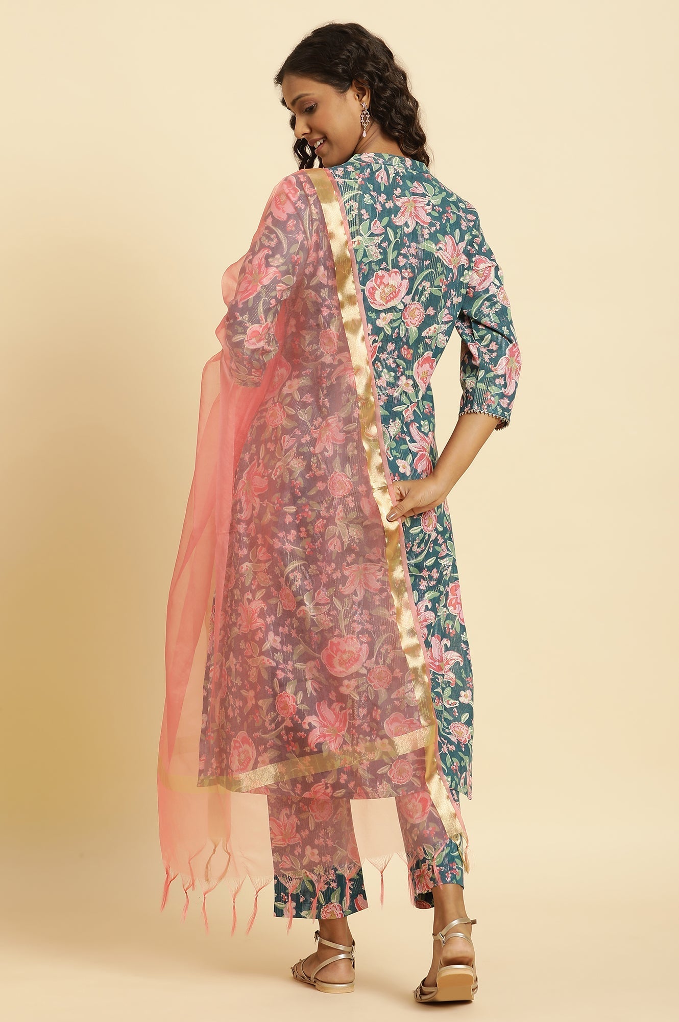 W for Woman Teal Blue Printed Kurta, Bottom And Organza Dupatta Set