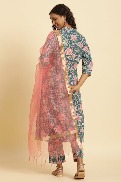 W for Woman Teal Blue Printed Kurta, Bottom And Organza Dupatta Set