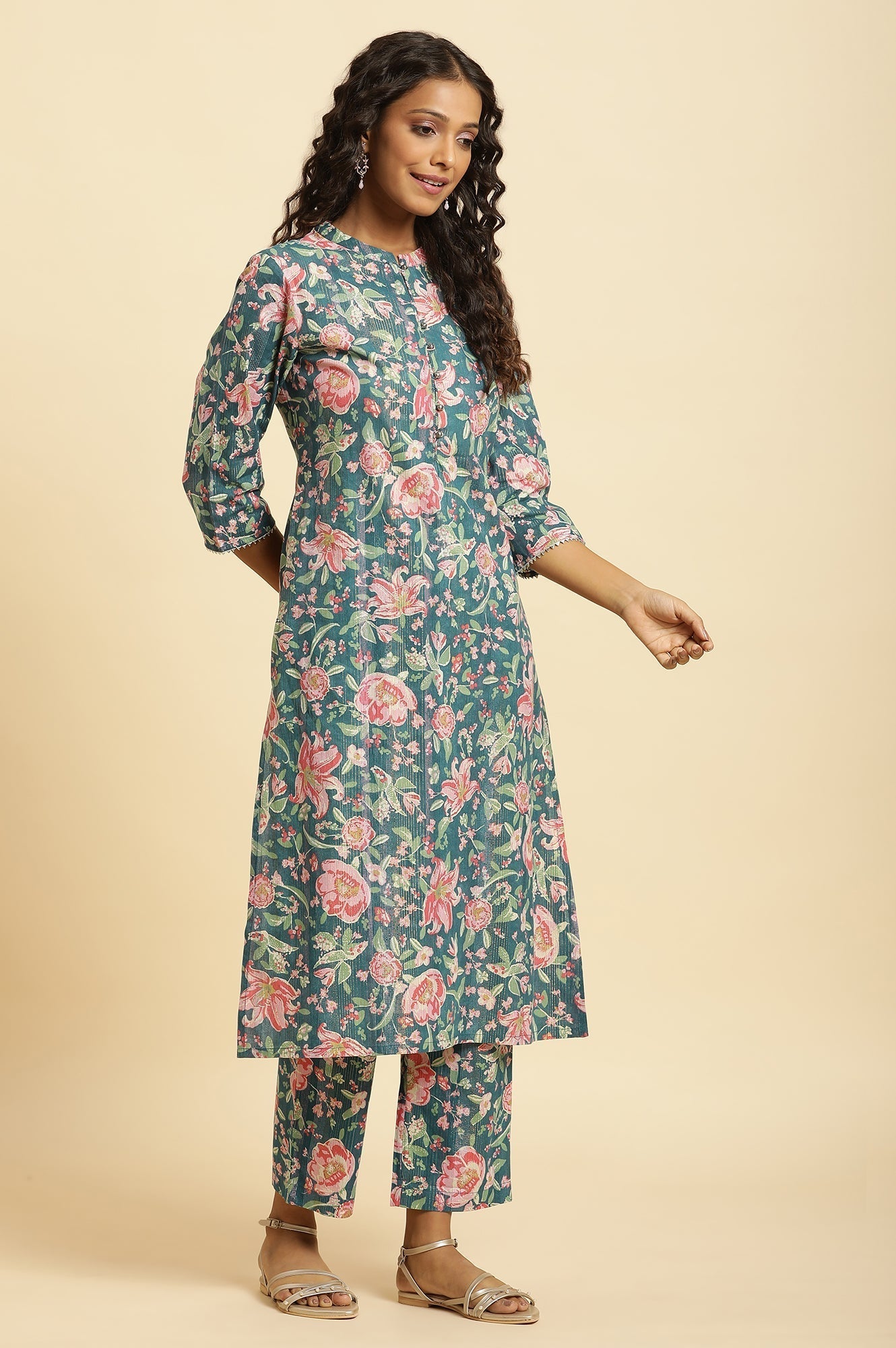 W for Woman Teal Blue Printed Kurta, Bottom And Organza Dupatta Set