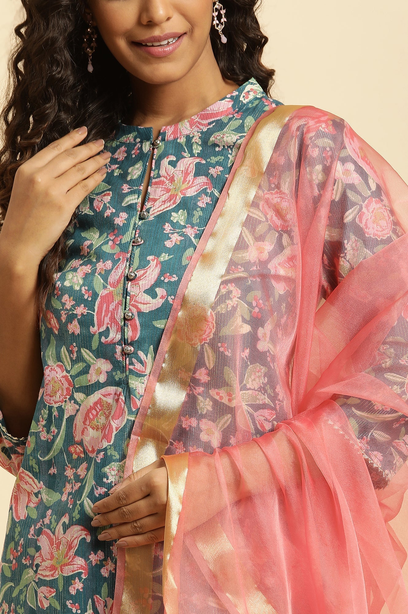 W for Woman Teal Blue Printed Kurta, Bottom And Organza Dupatta Set