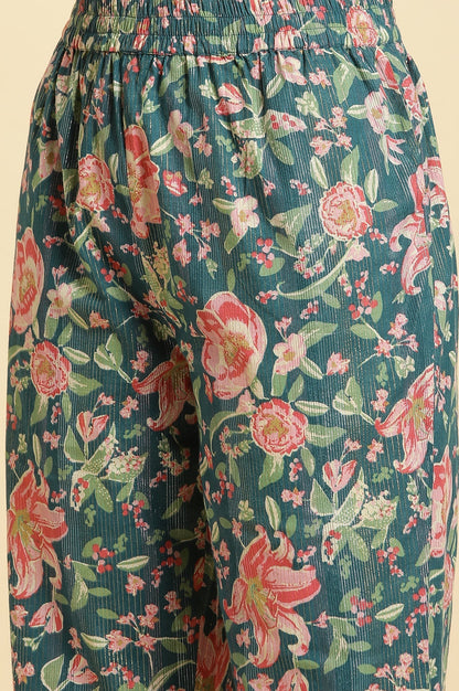 W for Woman Teal Blue Printed Kurta, Bottom And Organza Dupatta Set