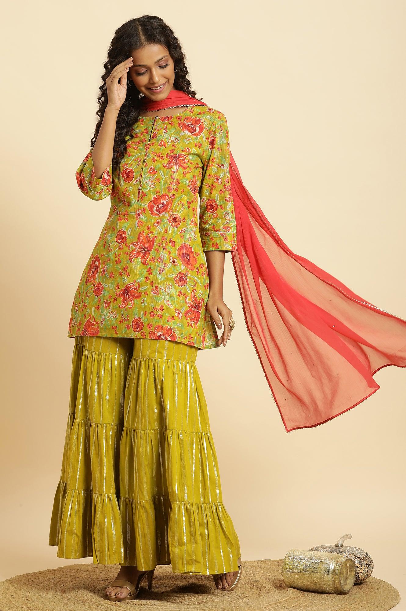 W for Woman Green Floral Printed Short Kurta, Sharara And Dupatta Set