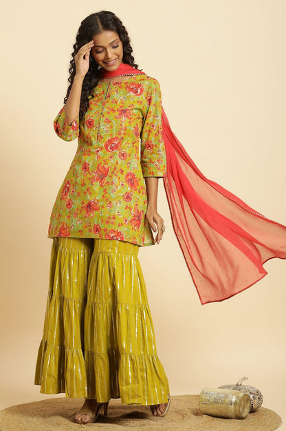 W for Woman Green Floral Printed Short Kurta, Sharara And Dupatta Set