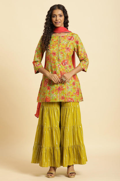 W for Woman Green Floral Printed Short Kurta, Sharara And Dupatta Set