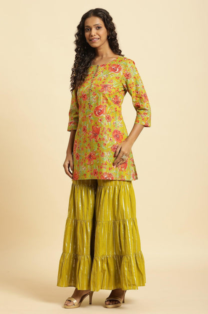 W for Woman Green Floral Printed Short Kurta, Sharara And Dupatta Set