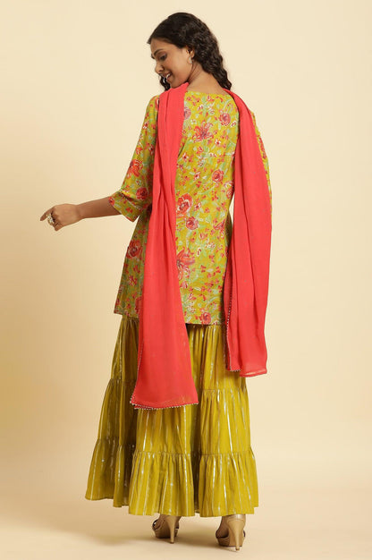 W for Woman Green Floral Printed Short Kurta, Sharara And Dupatta Set