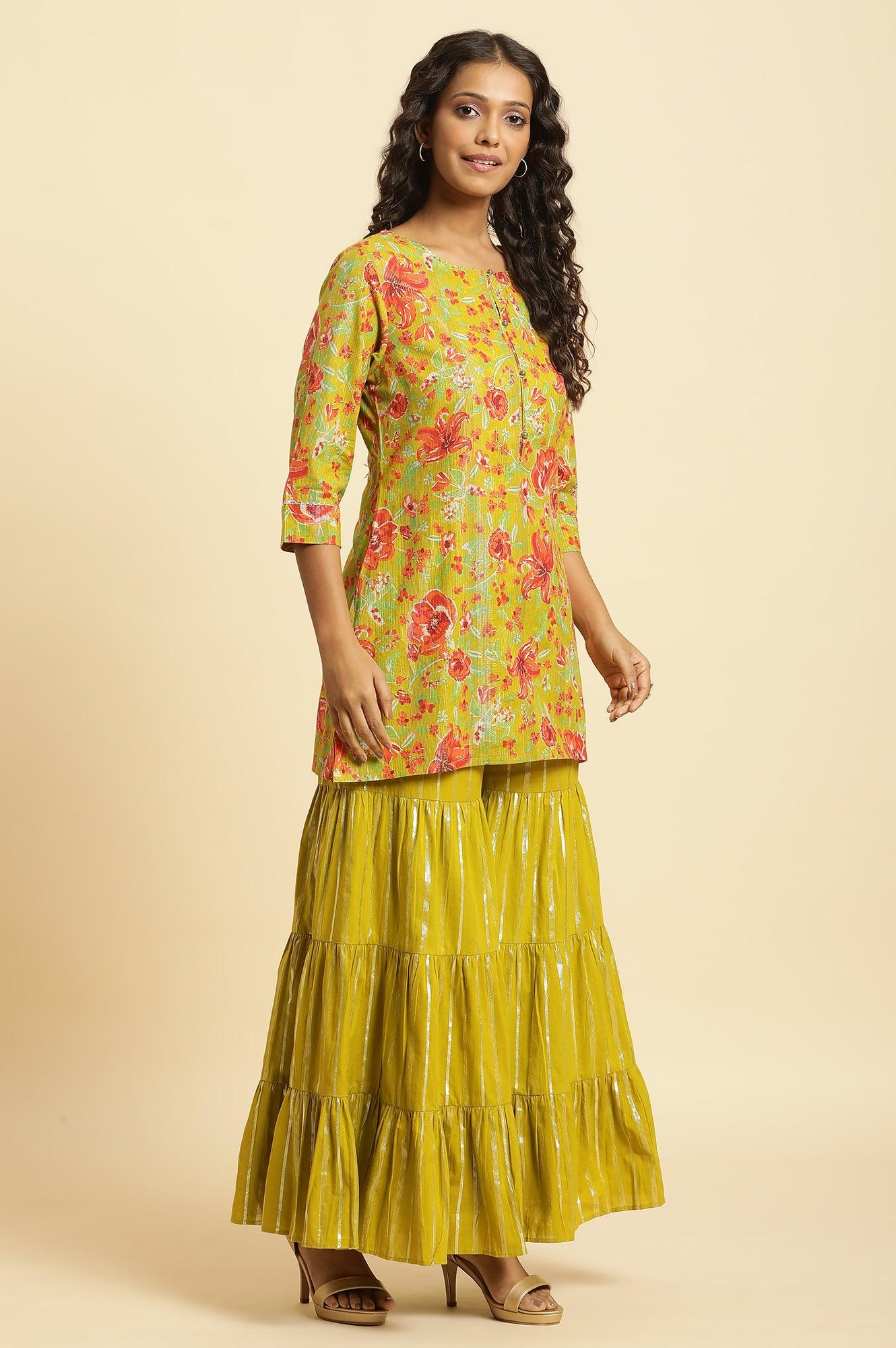 W for Woman Green Floral Printed Short Kurta, Sharara And Dupatta Set