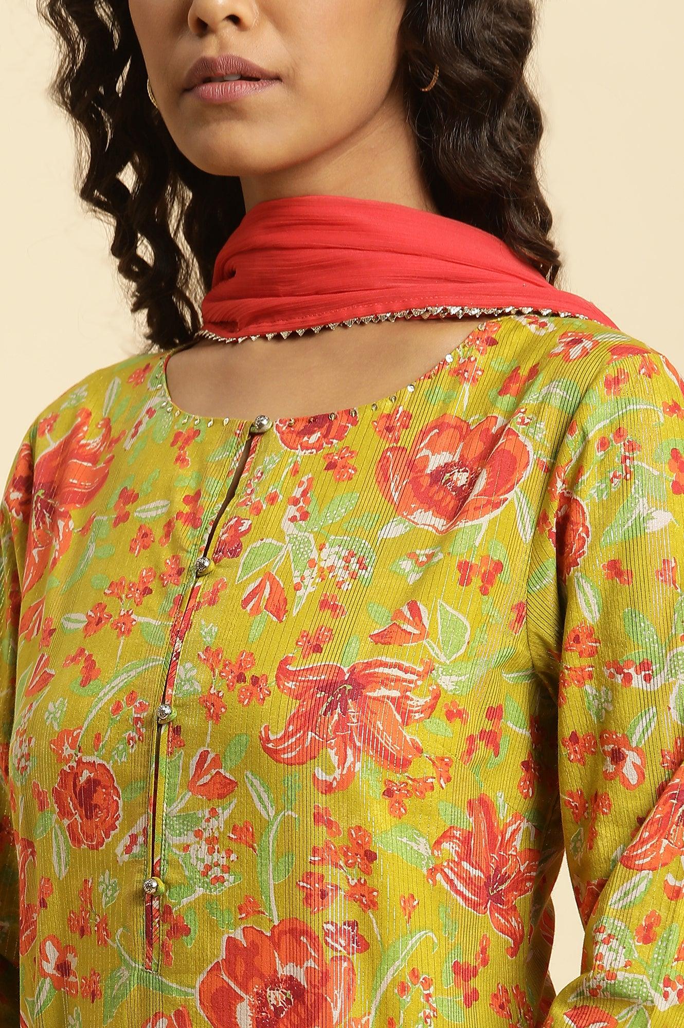 W for Woman Green Floral Printed Short Kurta, Sharara And Dupatta Set