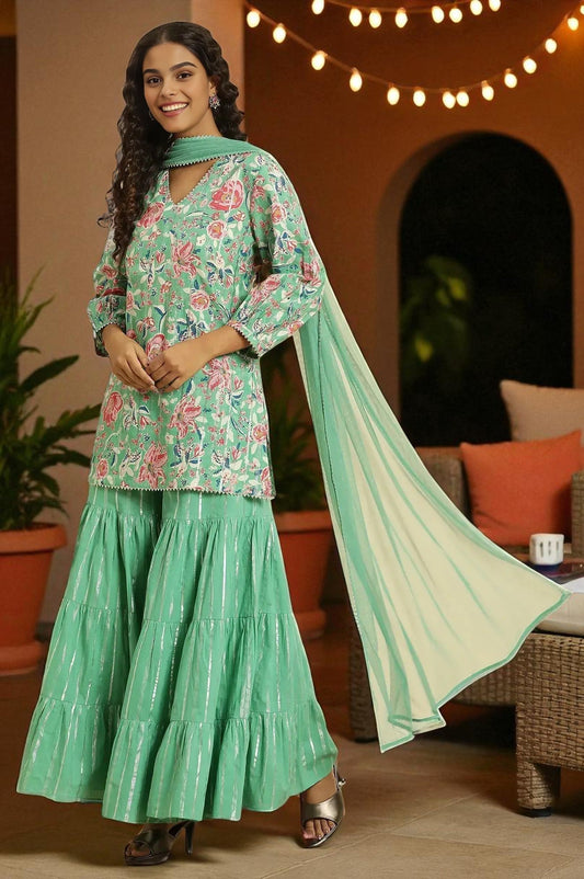 W for Woman Mint Green Printed Short Kurta, Tiered Sharara and Dupatta Set