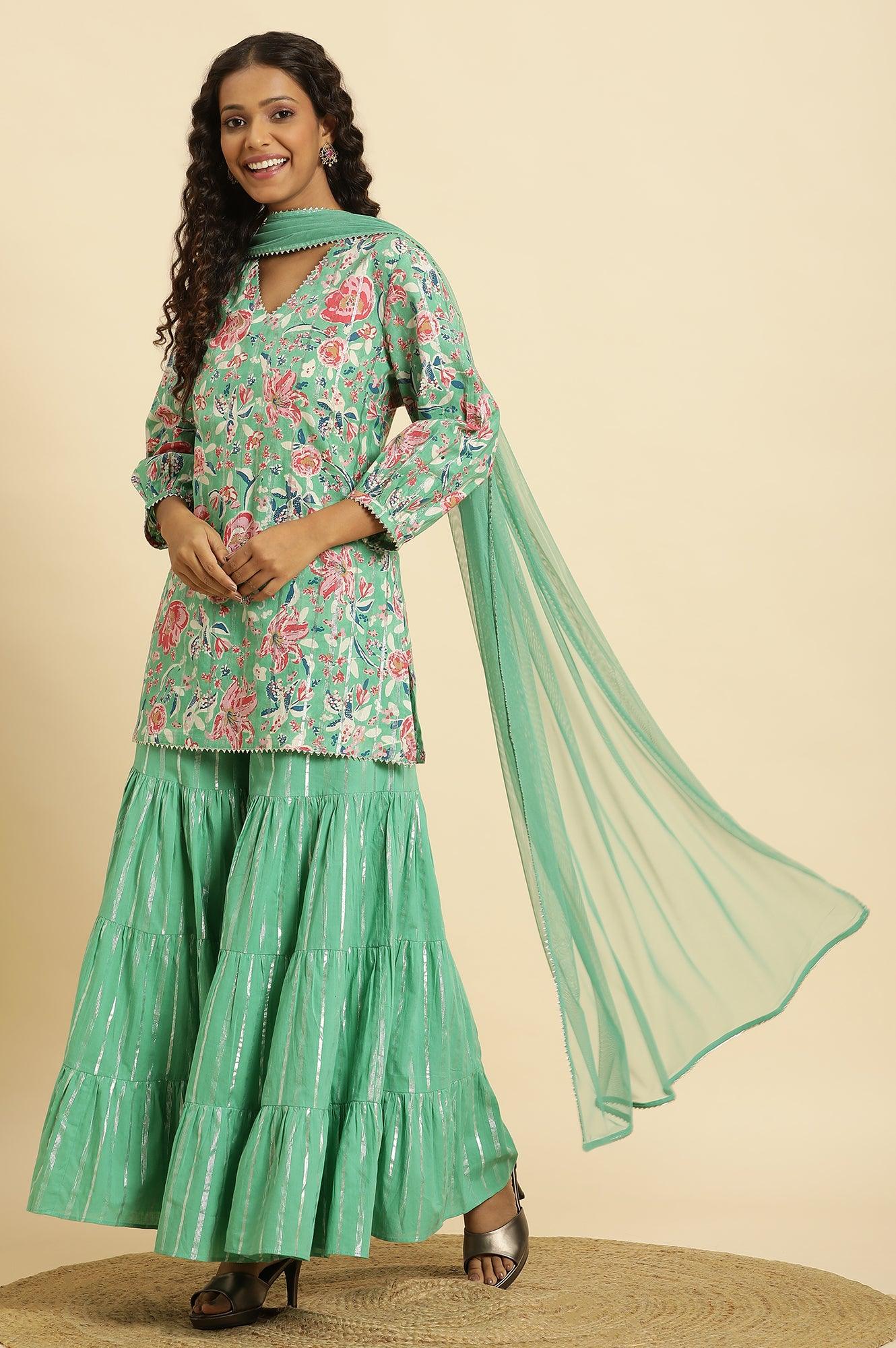 W for Woman Mint Green Printed Short Kurta, Tiered Sharara and Dupatta Set
