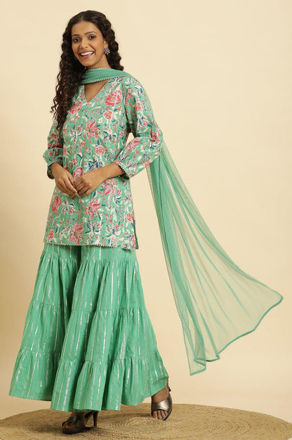 W for Woman Mint Green Printed Short Kurta, Tiered Sharara and Dupatta Set