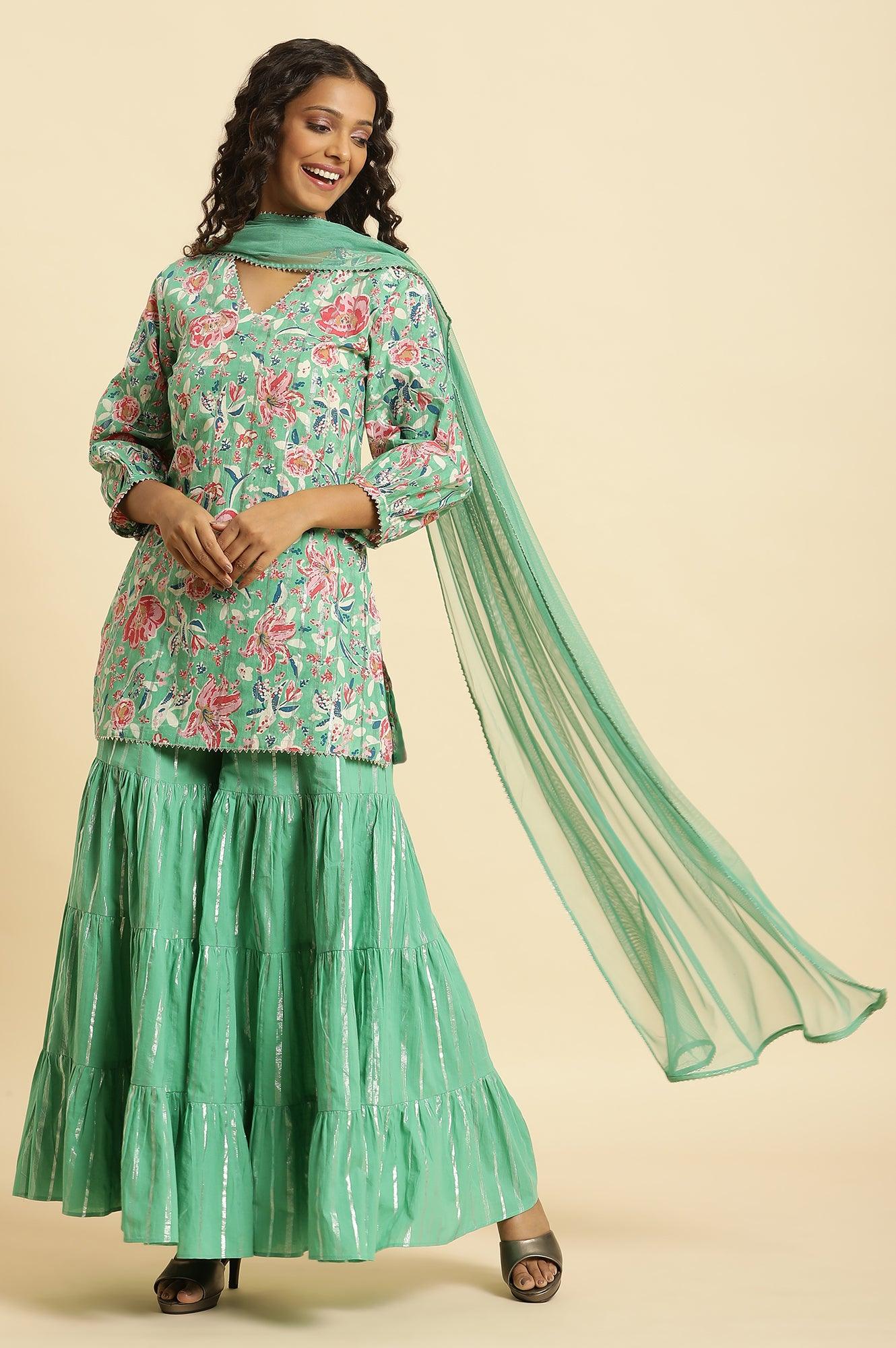 W for Woman Mint Green Printed Short Kurta, Tiered Sharara and Dupatta Set