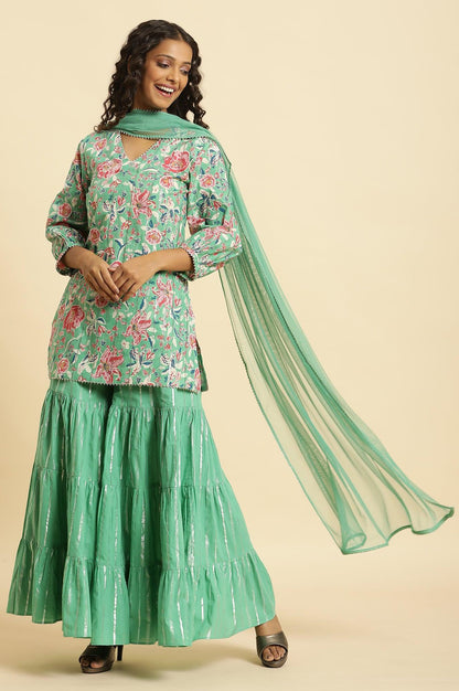W for Woman Mint Green Printed Short Kurta, Tiered Sharara and Dupatta Set